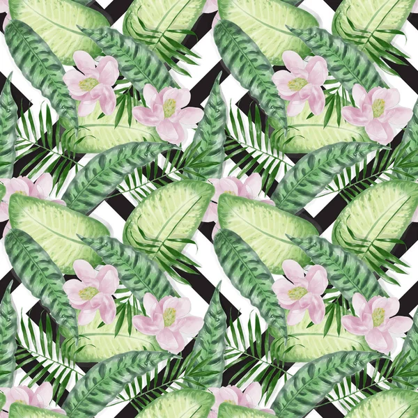 Seamless Watercolor Exotic Leaves With Flowers Pattern — Stock Photo, Image