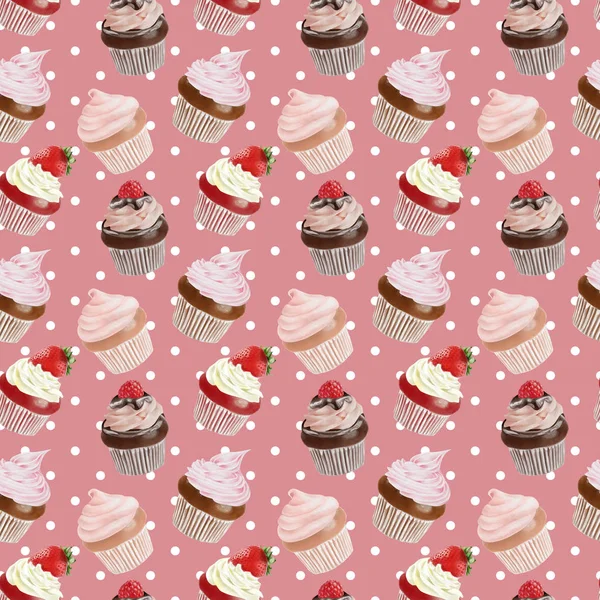 Sömlös akvarell Cupcakes mönster — Stockfoto