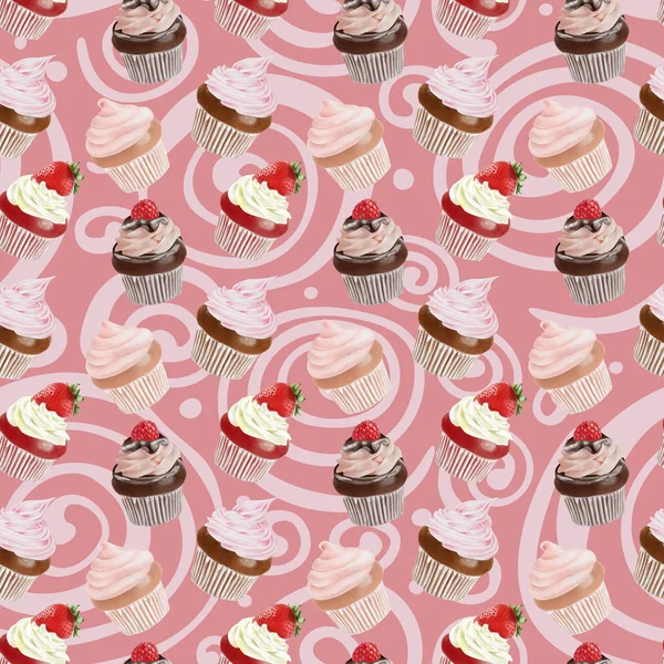 Sömlös akvarell Cupcakes mönster — Stockfoto