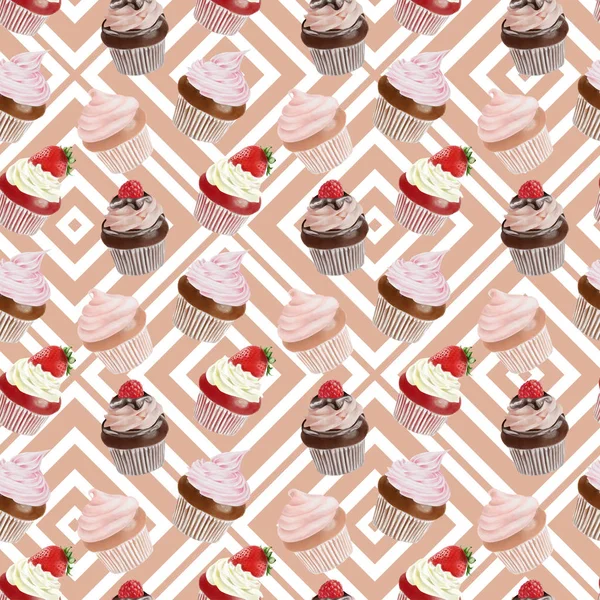 Sömlös akvarell Cupcakes mönster — Stockfoto