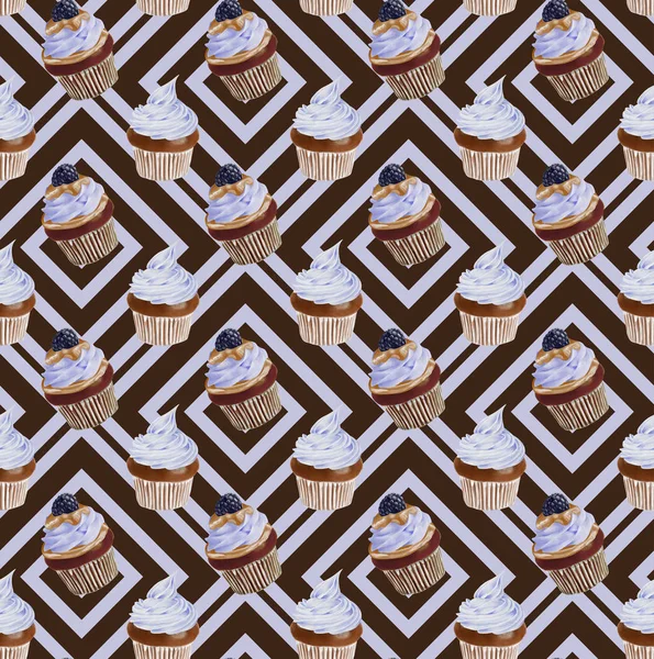 Naadloze aquarel Cupcakes patroon — Stockfoto