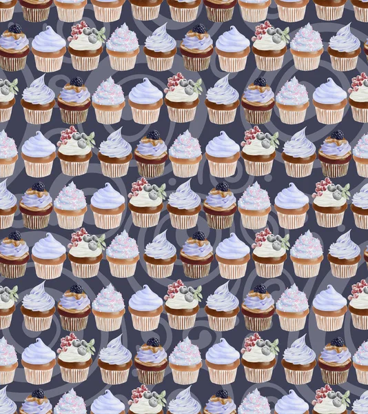 Padrão de cupcakes sem costura aquarela — Fotografia de Stock