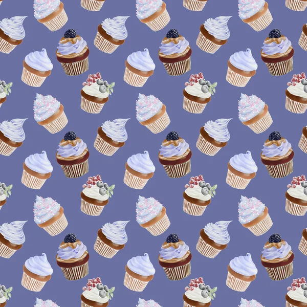 Nahtloses Aquarell-Cupcakes-Muster — Stockfoto