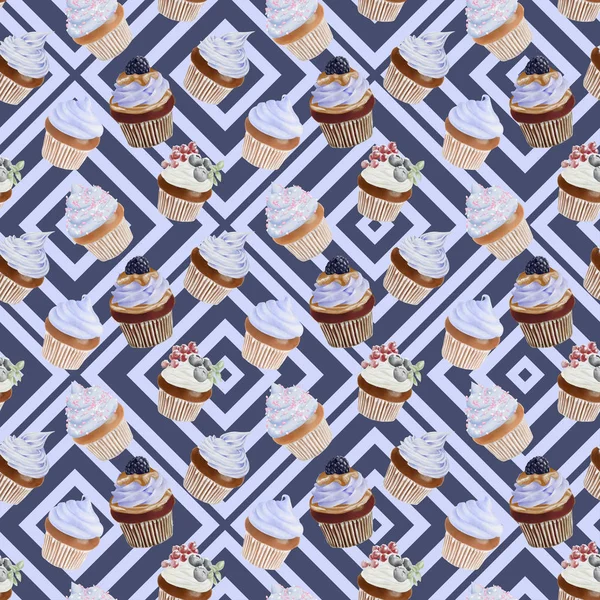 원활한 수채화 컵 케이크 패턴 — 스톡 사진