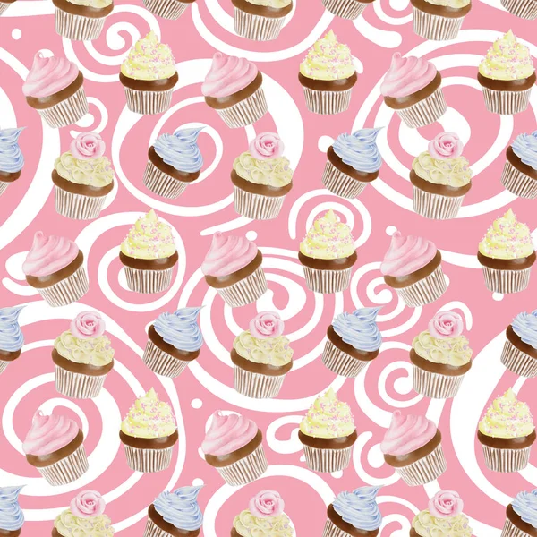 Nahtloses Aquarell-Cupcakes-Muster — Stockfoto