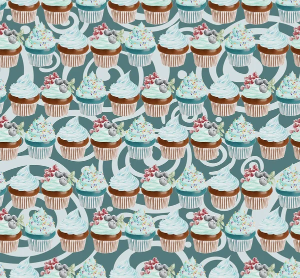 Padrão de cupcakes sem costura aquarela — Fotografia de Stock