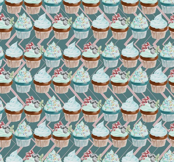 シームレスな水彩カップケーキ パターン — ストック写真