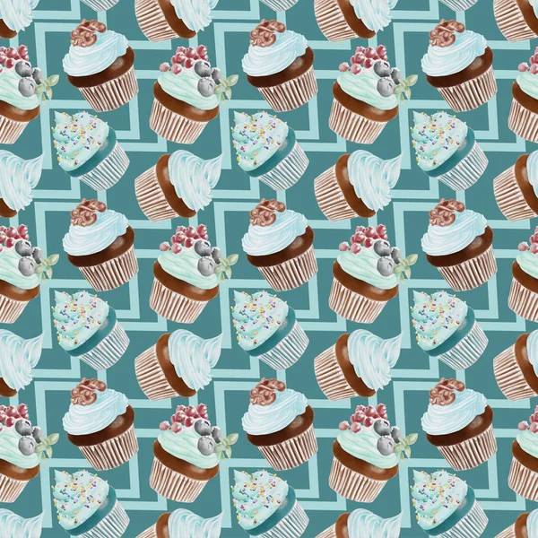 Nahtloses Aquarell-Cupcakes-Muster — Stockfoto