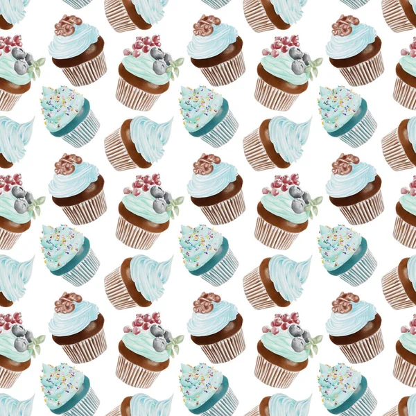 Patrón de cupcakes de acuarela sin costura — Foto de Stock