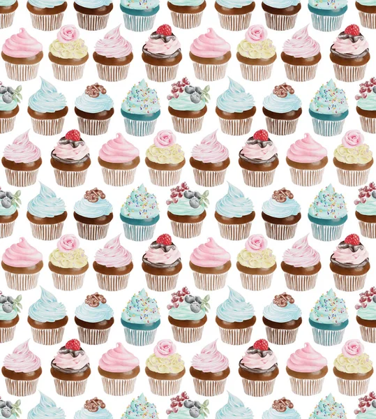 Padrão de cupcakes sem costura aquarela — Fotografia de Stock