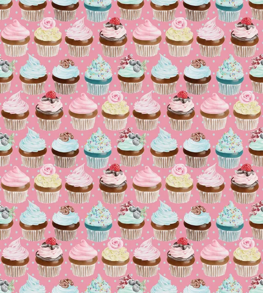 Cupcakes akwarela bezszwowe wzór — Zdjęcie stockowe