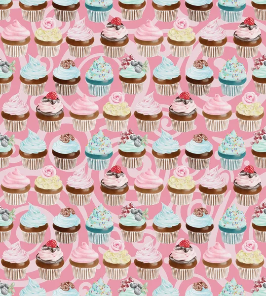 Naadloze aquarel Cupcakes patroon — Stockfoto