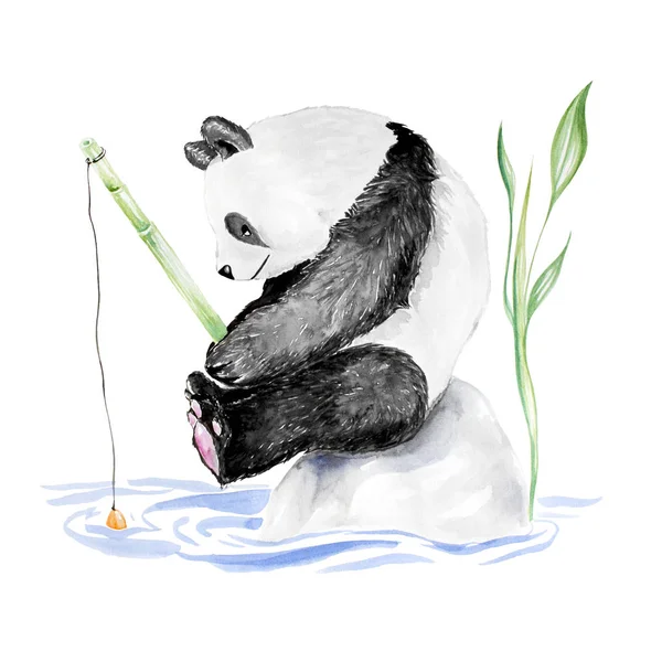 Acquerello disegnato a mano cartone animato Panda — Foto Stock