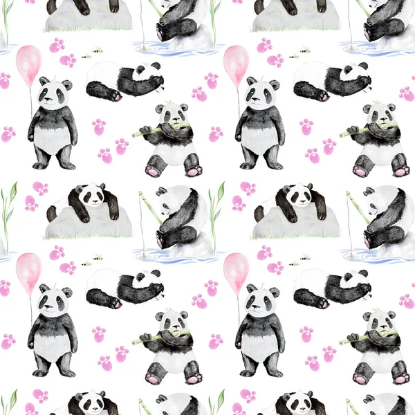 Seamless Watercolor Cartoon Panda Pattern — Stock Photo, Image