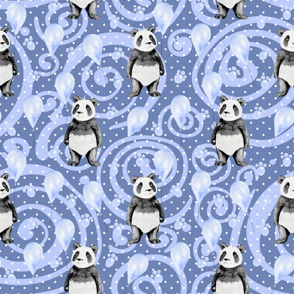 원활한 수채화 만화 팬더 패턴 — 스톡 사진