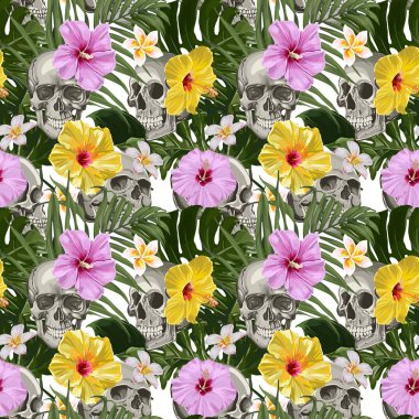 Egzotik bitki deseni ile sorunsuz vektör insan kafatası