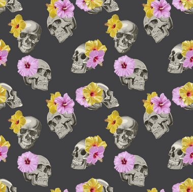 Egzotik bitki deseni ile sorunsuz vektör insan kafatası