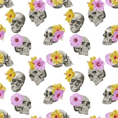 Egzotik bitki deseni ile sorunsuz vektör insan kafatası