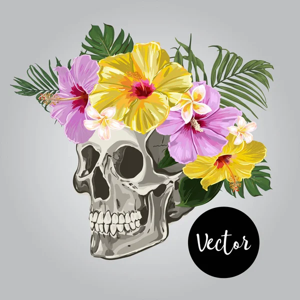 Vector mänsklig skalle med Hibiscus blommor Illustration — Stock vektor