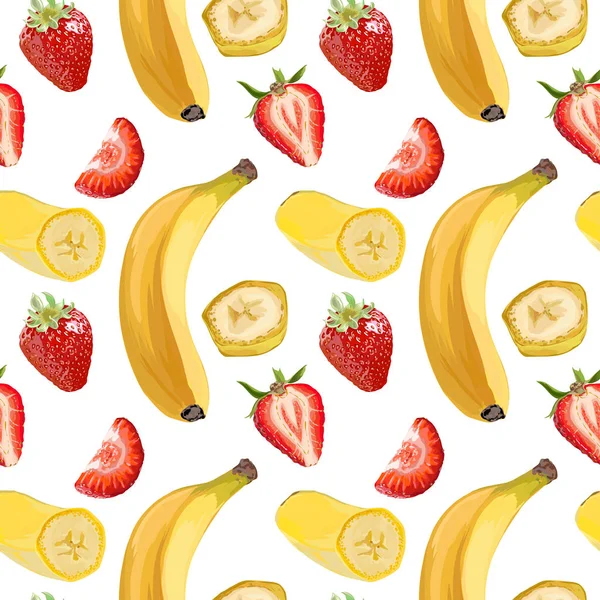 Naadloze Vector banaan en aardbeien patroon — Stockvector