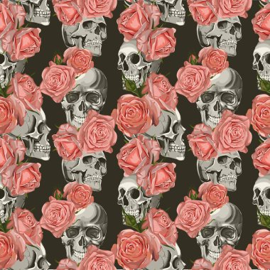 Sorunsuz vektör kafatası ve gül deseni