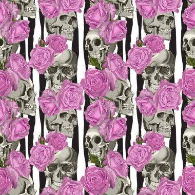 Sorunsuz vektör kafatası ve gül deseni