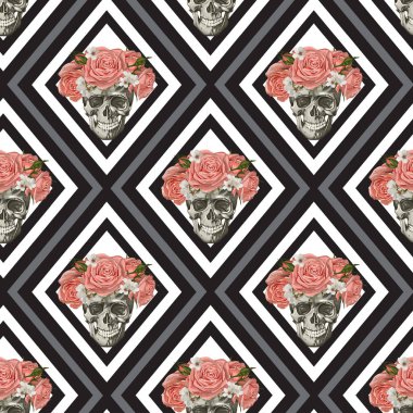 Sorunsuz vektör kafatası ve gül deseni