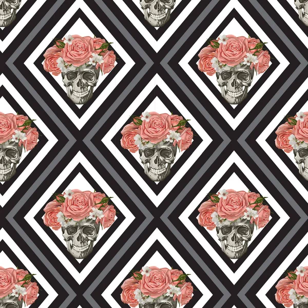 Sorunsuz vektör kafatası ve gül deseni