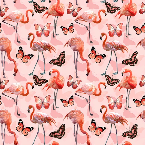 Sömlös vektor Flamingo med fjärilar mönster — Stock vektor