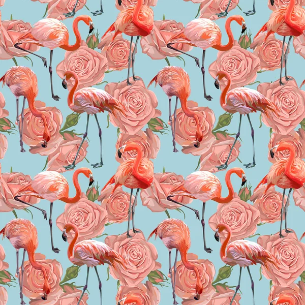 Sömlös vektor Flamingo med rosa rosmönster — Stock vektor