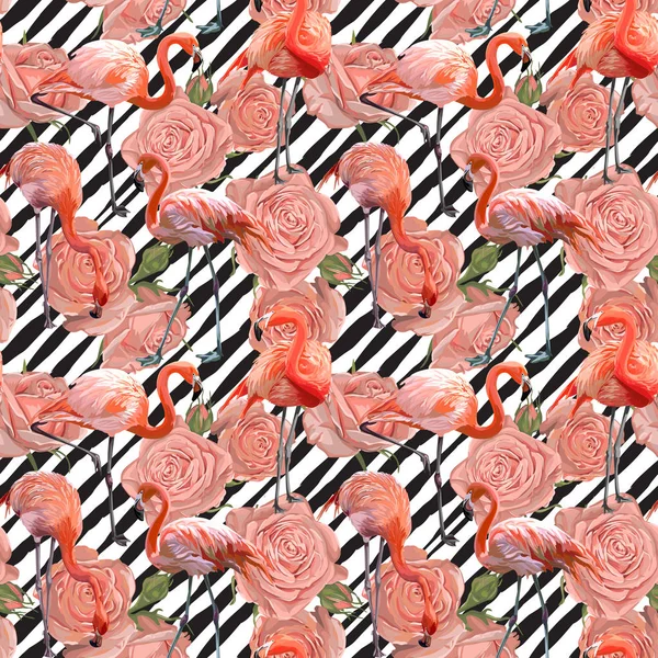 无缝矢量火烈鸟与粉红色的玫瑰图案 — 图库矢量图片