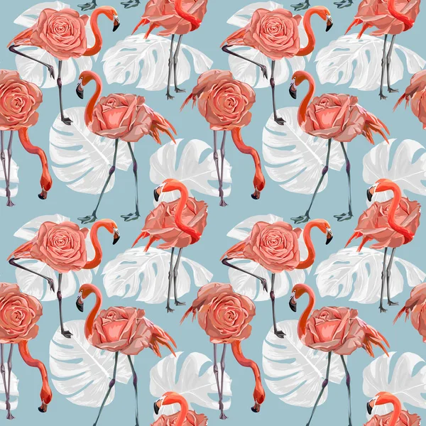 Sömlös vektor Flamingo med ros och vit lämnar mönster — Stock vektor