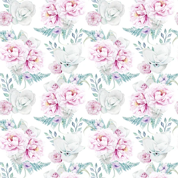 Seamless Watercolor Peonies Flowers Pattern — Stock Photo, Image