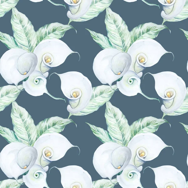 Бесшовный акварель White Calla Flowers Pattern — стоковое фото
