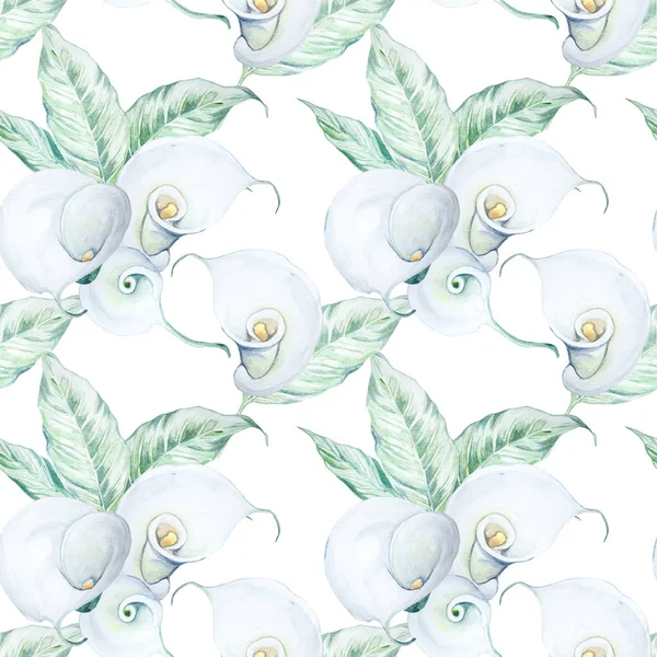 Бесшовный акварель White Calla Flowers Pattern — стоковое фото