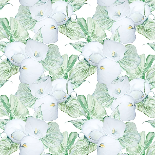 Бесшовный акварель White Calla Flowers Pattern — стоковое фото