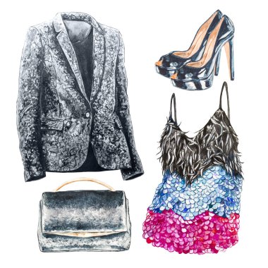 Suluboya elle çizilmiş moda aksesuar seti