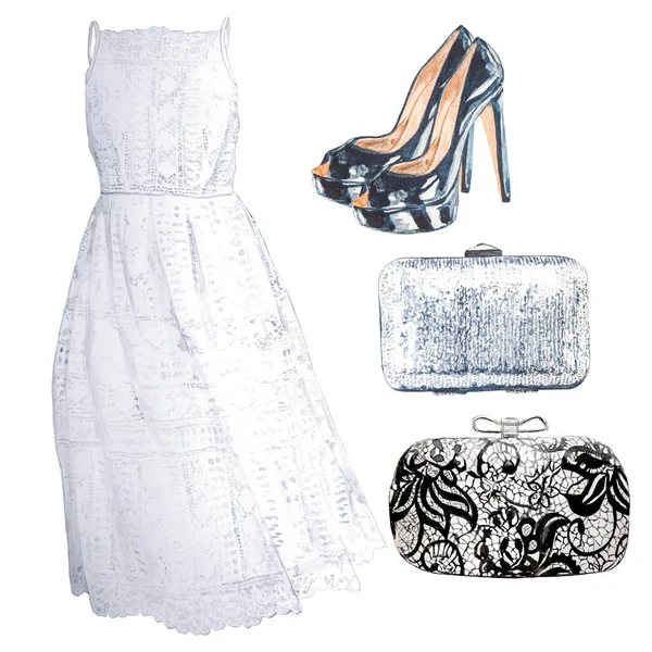 Suluboya elle çizilmiş moda aksesuar seti