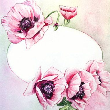 Suluboya el şafak pembe Poppies çerçeve