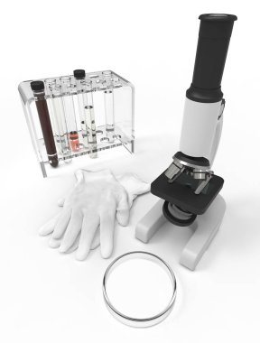 Gerçekçi mikroskop - 3 boyutlu canlandırma. Kimya, ilaç aleti, mikrobiyoloji büyütme aracı. Bilimin, kimyanın ve keşfin sembolü. 