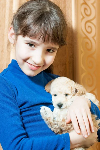 Menina com um cachorro bege — Fotografia de Stock