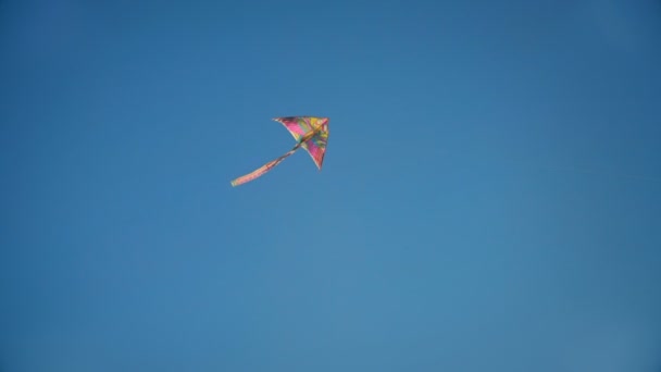 Rainbow Color Kite Flying With The Clear Blue Sky On The Background. — Stock Video