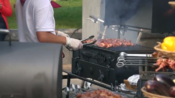Pork Skewers Turning Automatically On Grill — Stock Video