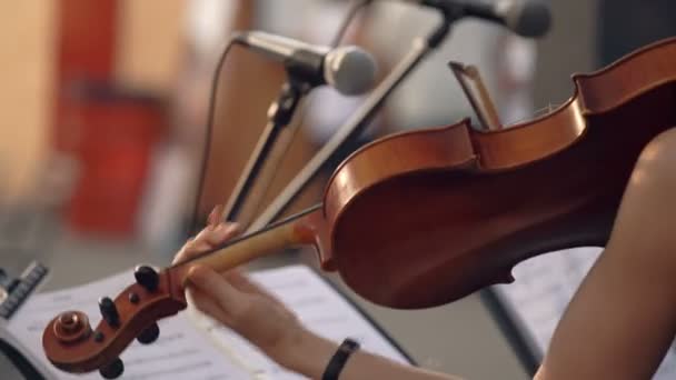 Menina tocando violino no dia, violinista é um músico profissional — Vídeo de Stock