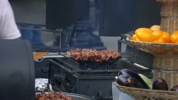 MOSCOW, RUSSIA, JULE 24, 2016: Pork Skewers Turning Automatically On Grill — Stock Video