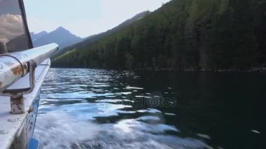 Bir sürat teknesi ile kalın yeşil orman kıyılarında görünümünde dağ nehir tekne taraftan sürme