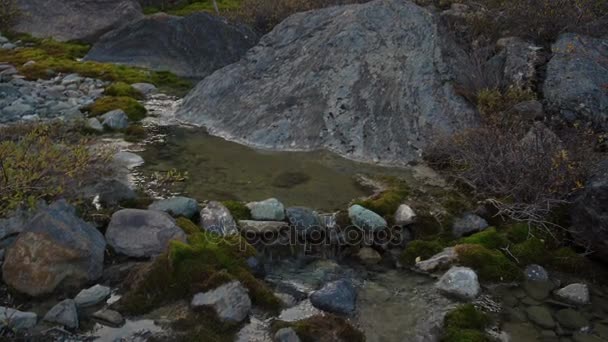 Petit ruisseau calme qui coule entre les rochers naturels en Sbérie russe . — Video