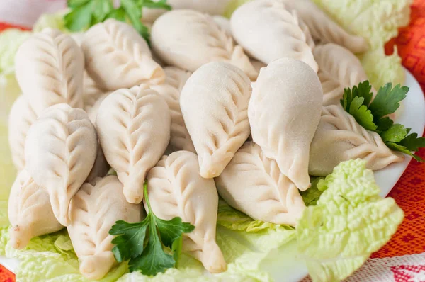 Bevroren dumplings op de witte plaat met groen — Stockfoto