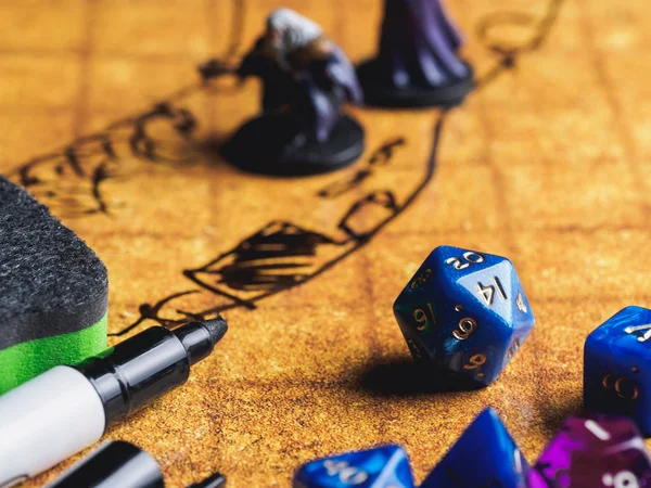 Roleplay game with dragons in dungeon. Yellow field dice — Stock Photo, Image