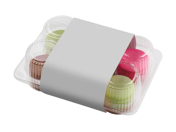 Plastic package with color round cheesecakes. white isolated background — Stock Photo, Image